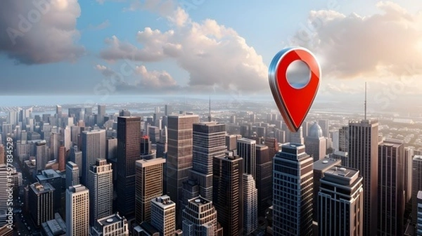 Fototapeta Aerial view of a bustling city skyline with a location marker