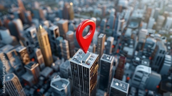 Fototapeta Aerial view of a modern cityscape with skyscrapers and a map pin icon  long title Sweeping aerial