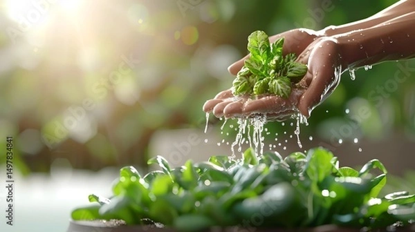 Fototapeta Caring for a delicate plant with gentle hands