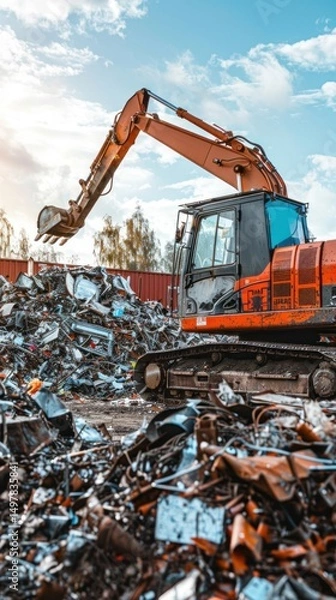 Obraz Excavator loading scrap metal at recycling center under partly cloudy sky