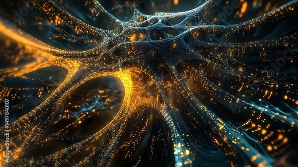 Fototapeta A machine learning model visualized as a dynamic, evolving network of interconnected nodes 