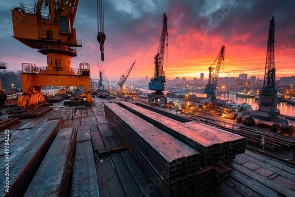 Fototapeta Construction workers wearing safety gear and using cranes and scaffolding for activity on a high-rise building under a clear blue sky.