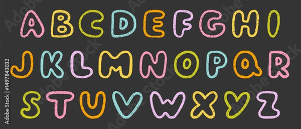 Fototapeta Crayon alphabet doodle set. Chalk pencil font, school wax kid letters in sketch style. Hand drawn vector illustration isolated on black background.