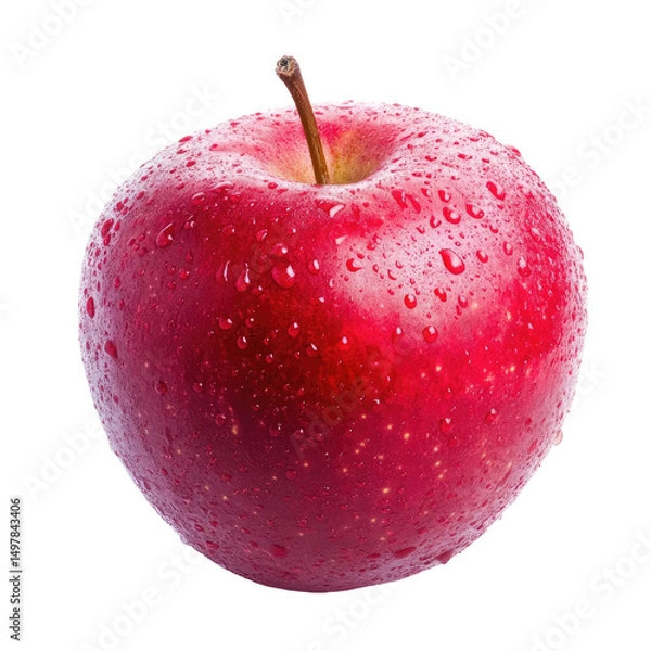 Obraz A vibrant red apple, glistening with water droplets, sits against a black background (1)