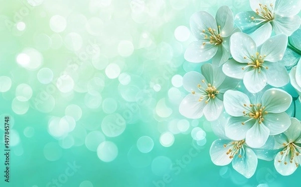 Fototapeta Soft green hues and delicate floral elements, illuminated by gentle golden accents, come together in an elegant abstract composition to create a serene and dreamy atmosphere