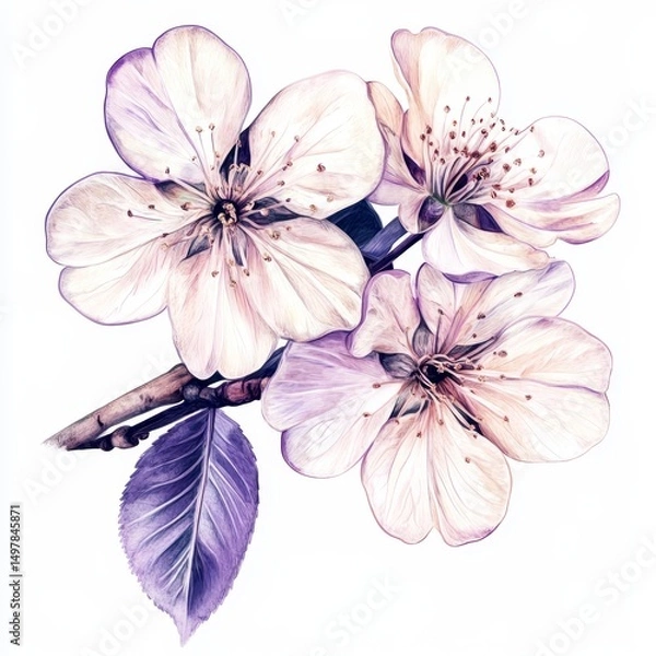 Fototapeta A serene ambiance is created by a delicate arrangement of four soft pastel cherry blossoms, which boast intricate petals and golden stamens, all subtly set against a cream-colored background to evoke