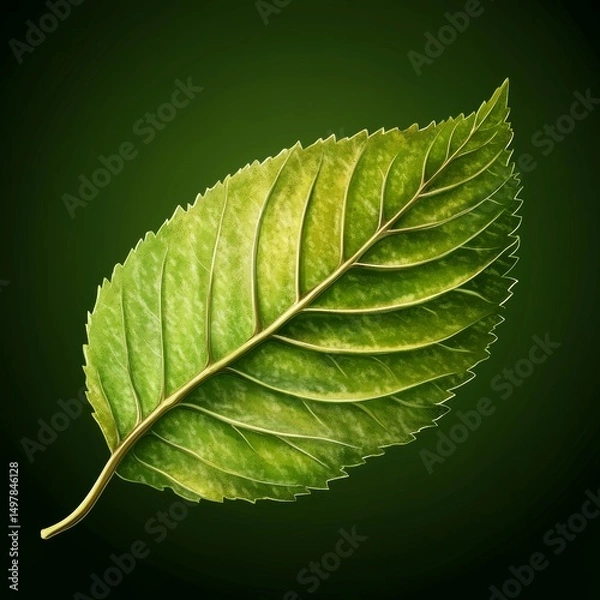 Fototapeta A vibrant green leaf, boasting intricate vein patterns and a detailed texture, is beautifully showcased against a solid green background that accentuates its natural charm