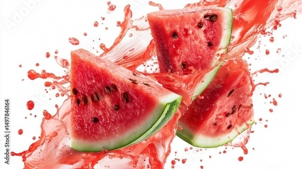 Fototapeta Fresh Watermelon Slices in Splash, Refreshing Fruit Splash Photography
