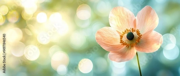 Fototapeta A dreamy landscape of pastel colors provides a serene backdrop for a delicate pink flower as it blooms gently in the soft sunlight, filling the atmosphere with tranquility