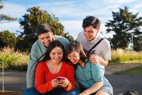 Fototapeta Group of young students using mobile phone in a park