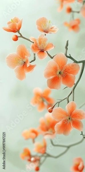 Fototapeta Slender stems bearing beautiful orange blossoms, placed against a muted, green background with a soft focus, create a peaceful and restful mood