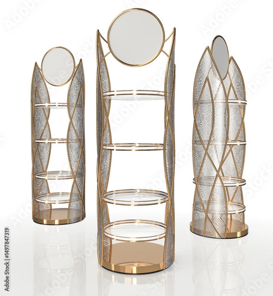 Fototapeta Metallic golden display case with acrylic leaf shaped sides and blank round label on top. Trade show booth for cosmetic products presentation. Set of 3d illustrations transparent background