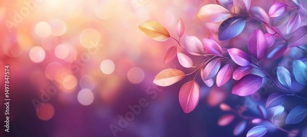 Fototapeta In a vibrant close-up, soft light shines on colorful leaves in shades of pink, purple, and blue, generating a tranquil and dreamy atmosphere