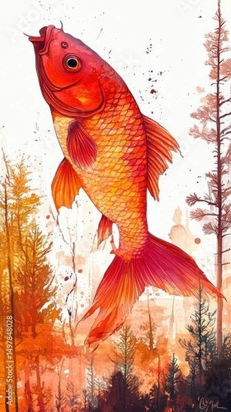 Fototapeta A red fish, beautifully illustrated and full of vibrant colors, is set against an abstract forest background, where its artistic details and natural beauty are able to shine and evoke a sense of
