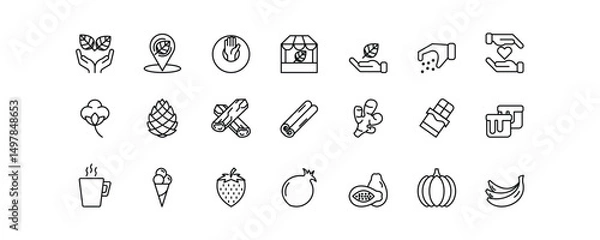 Fototapeta A set of 21 editable stroke icons representing eco-friendly, locally sourced, and handmade products. This collection includes symbols such as ethical production, natural ingredients, artisan-made good