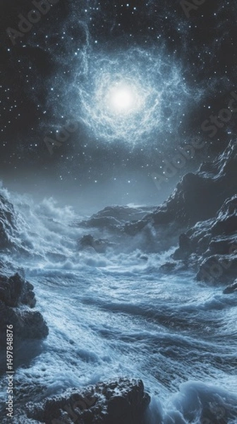 Fototapeta Over the tranquil ocean, a breathtaking dawn breaks, bringing with it gentle waves that roll softly under a starry sky, creating a peaceful ambiance