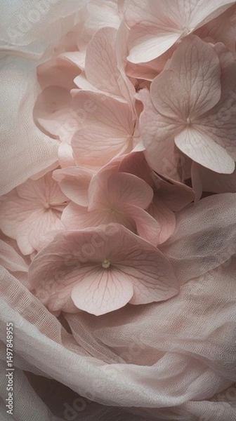 Fototapeta On a soft, textured fabric, a delicate arrangement of pastel pink flowers is gently placed, forming a serene and elegant composition that is perfect for romantic or feminine themes