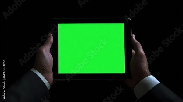 Obraz Hands holding a tablet with a green screen in a dark business setting.