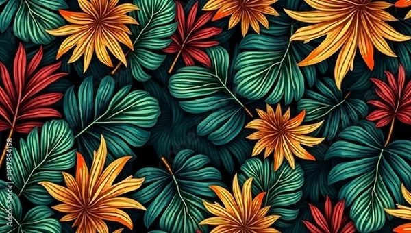Fototapeta Vibrant color tropical exotic seamless pattern, 3D wallpaper