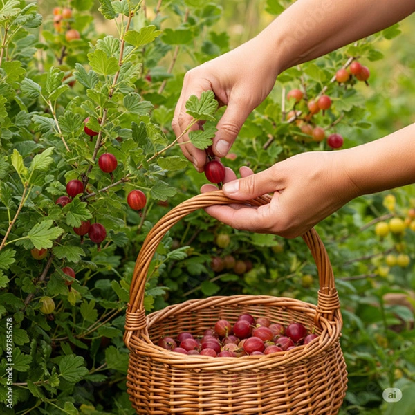 Fototapeta hands picking gooseberries