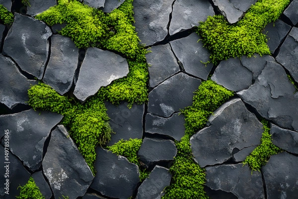 Fototapeta Natural pattern of cracked dark stones with bright green moss growing in between, top view of textured surface, harmony of earth and nature, organic design for backgrounds