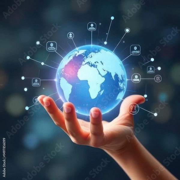 Fototapeta Hands cradle a vibrant blue globe, symbolizing global business, environmental care, and interconnected communication