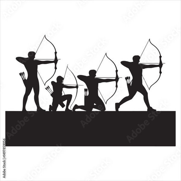 Obraz Black Silhouette Archer Set in Various Poses Vector Style on White Background