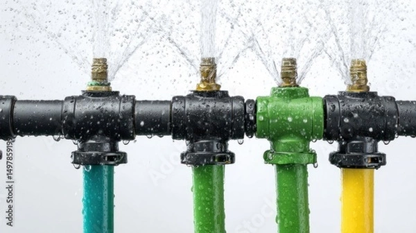 Fototapeta Colorful PVC pipes with spraying water effects in a modern irrigation system design showcasing vibrant colors and dynamic motion