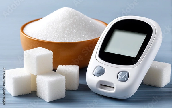 Fototapeta Blood glucose meter with sugar cubes and bowl of sugar representing insulin and diabetes care concept