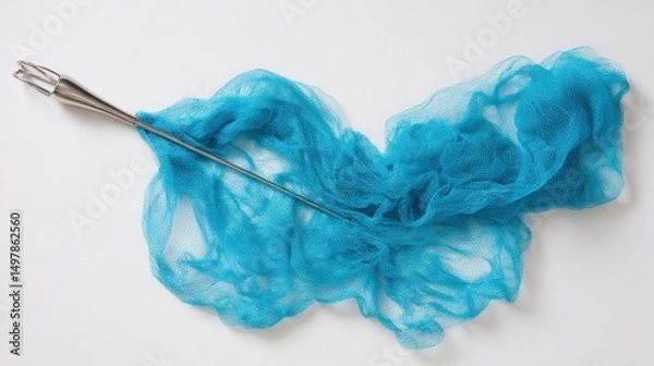 Fototapeta Artistic Presentation of a Turquoise Fabric and Metal Needle on a White Background for Craft and Design Inspiration
