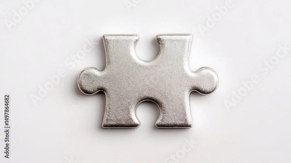 Obraz Metallic puzzle piece isolated on white background, reflecting light with smooth surface finish, representing problem-solving and creativity