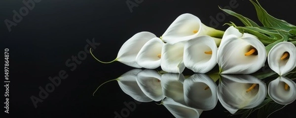 Obraz Calla Lily Reflection Dark Background, Close-up Composition, Elegant Still Life, White Flowers, Floral Photography Calla Lily, Still Life Photography