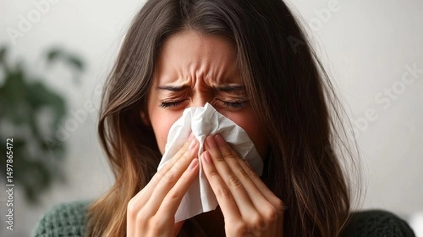 Obraz Close-up Portrait of Woman Sneezing, Tissue, Illness, Facial Expression, Health Illness, Allergy