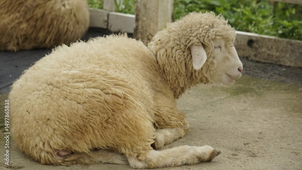 Fototapeta A SHEEP IS SITTING IN A CAGE IN THE AFTERNOON

