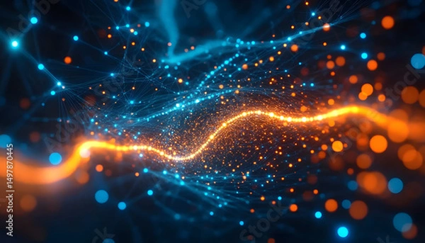 Fototapeta Abstract tech network data connections with orange, blue glowing dots, lines. Artificial intelligence neural network, machine learning, cloud computing concept. Digital transformation strategies,