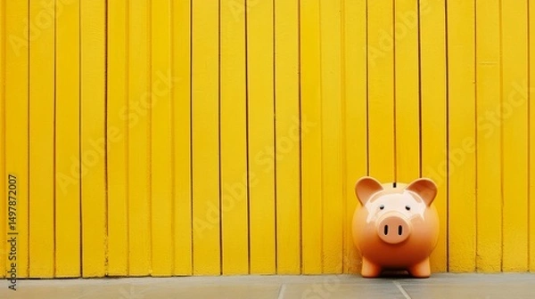 Obraz Piggy Bank on Yellow Wooden Fence Minimalist Savings Concept, Savings, Piggybank