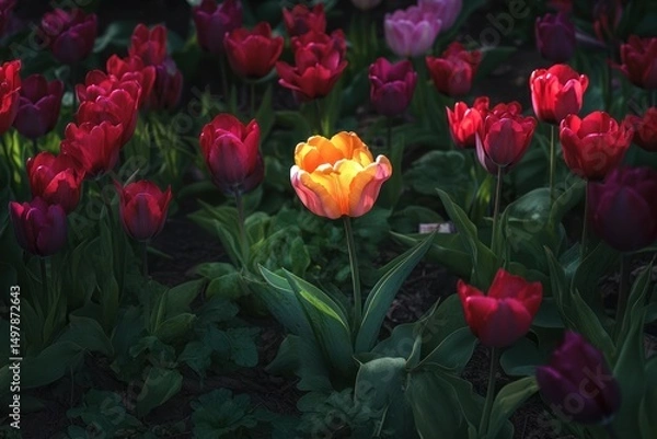 Fototapeta A single, vibrant, luminous tulip stands out amid a bed of deep red, purple, and pink tulips.  Sunlight highlights the flower, creating a striking contrast