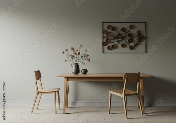 Fototapeta A dining room with chairs and a table with flowers