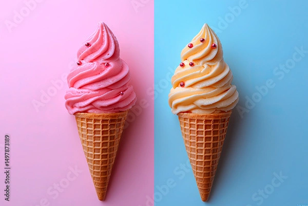 Fototapeta Two ice creams, strawberry and vanilla, on a two-color red and blue background