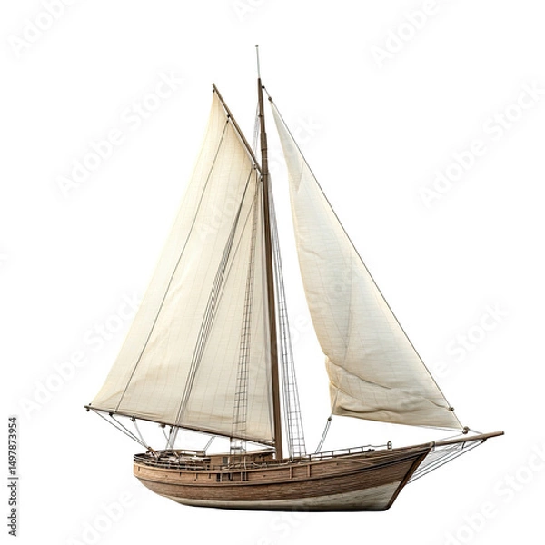 Obraz A classic wooden sailboat with white sails, captured against a black background.  The vessel shows detailed craftsmanship