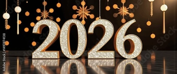 Fototapeta Happy New Year 2026 Scene: Festive Lights and Snowflakes Against Golden and Silver 2026. A golden 2020 sign surrounded by hanging ornaments and snowflakes.