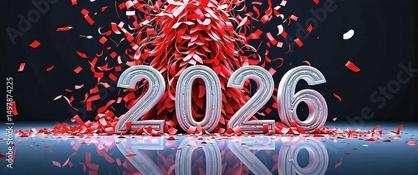Fototapeta Happy New Year 2026 Scene: Vibrant Red Confetti and Festive Atmosphere. A 3D rendering of the numbers '2026' surrounded by red confetti.