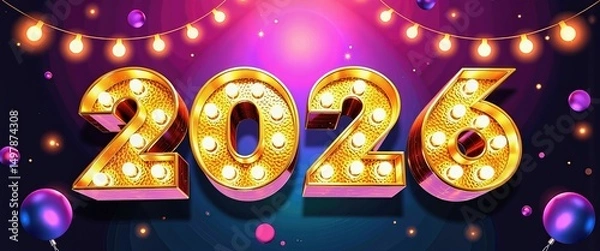 Fototapeta Vibrant New Year's Eve 2026 Celebration with Sparkling Lights and Colorful Balloons. A vibrant, glowing golden 2020 sign surrounded by floating lights and balloons.