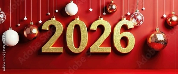 Fototapeta Happy New Year 2026: Festive Golden '2026' Scene with Red and White Christmas Ornaments. A red background with golden numbers and hanging ornaments.