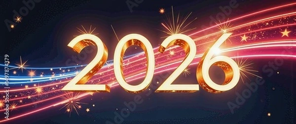 Obraz Happy New Year 2026: Sparkling Digital Artwork of 2026 Amidst Stars. A digital rendering of the number '2026' with fireworks in the background.