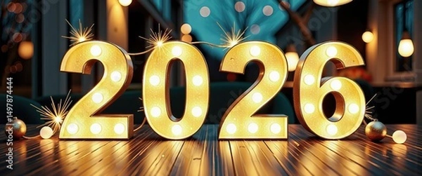 Fototapeta Happy New Year 2026 Wallpaper: Festive Scene with Sparkling Lights and Decorative Balls. A golden number 2016 with sparkling lights and decorations on a wooden floor.