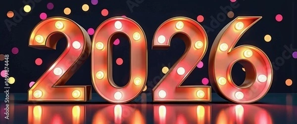 Fototapeta Vibrant Neon Sign Celebrating Happy New Year 2026 with Colorful Dots and Light Bulbs. A 3D rendering of the number '2016' illuminated by light bulbs against a dark background.