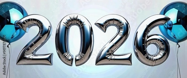 Fototapeta Happy New Year 2026: Vibrant Scene with 2020 Balloons and Snowflakes. A digital rendering of the numbers 2020 surrounded by blue balloons.