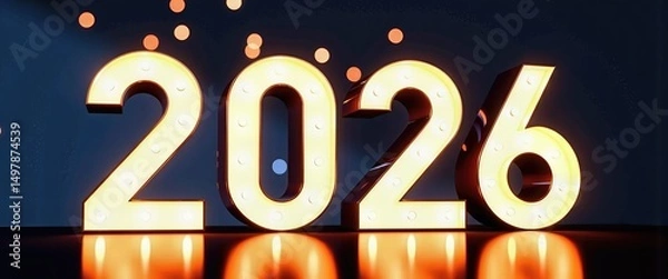 Fototapeta Vibrant 3D Neon '2026' Rendering Celebrates Happy New Year 2026. A 3D rendering of the number '2026' illuminated by light bulbs against a dark background.