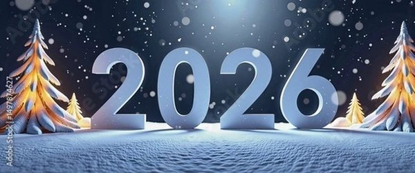 Fototapeta Festive Winter Scene Celebrating Happy New Year 2026. A snowy scene with the number '2026' in the foreground.